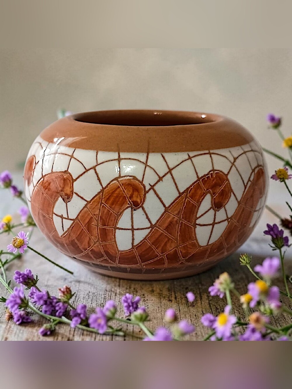MINI Tile Affect Bowl Vase Mosaic Pottery Handmade Miniature Wave‎ Design Glazed - Picture 15 of 16